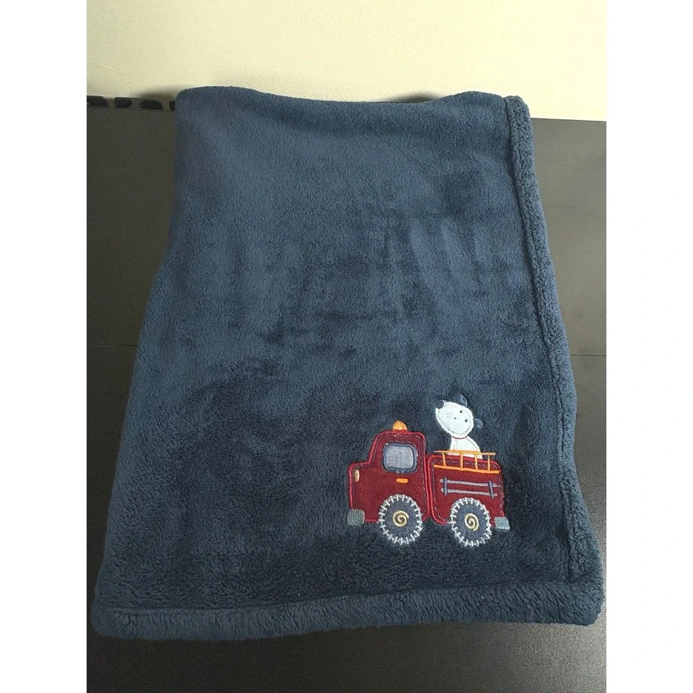 Carters Baby Blanket Navy Sherpa Fleece Fire Truck Puppy Dog Embroidered Rare